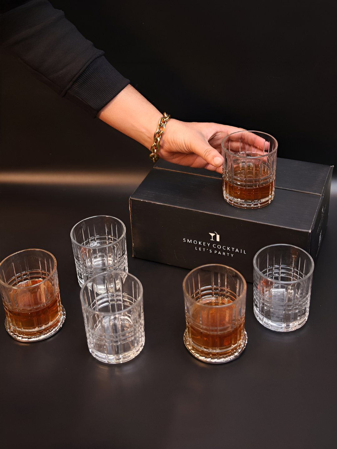 SMOKEY COCKTAIL Set Of 6 Striped Whiskey Premium  Bar Glass