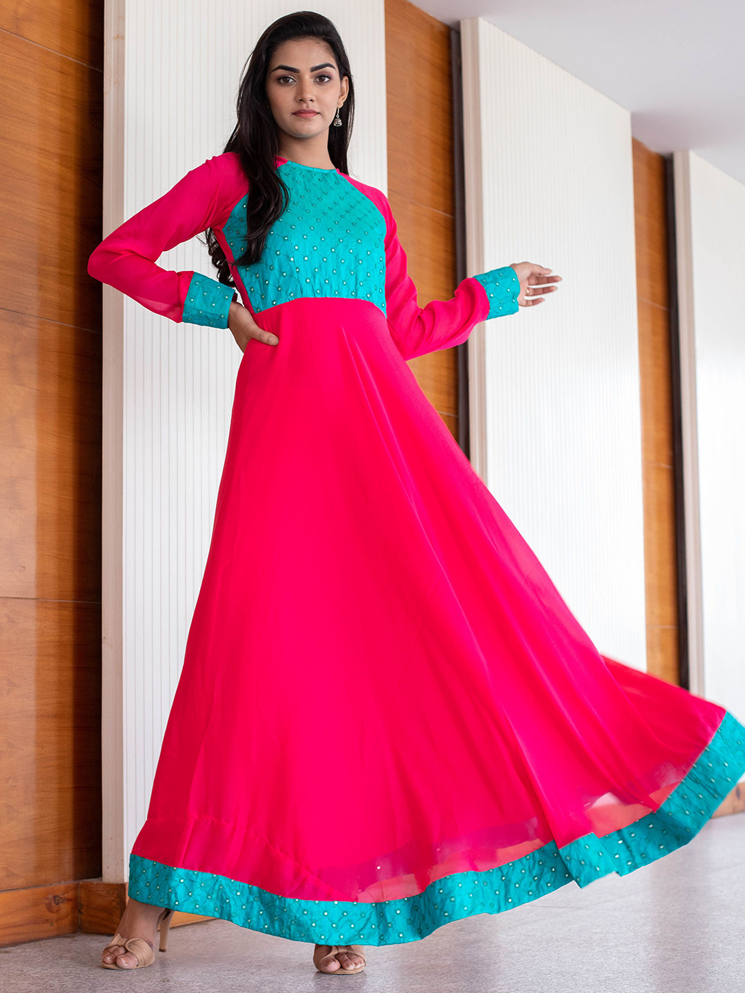 Vinya Embroidered Bell Sleeve Georgette Fit & Flare Maxi Dress