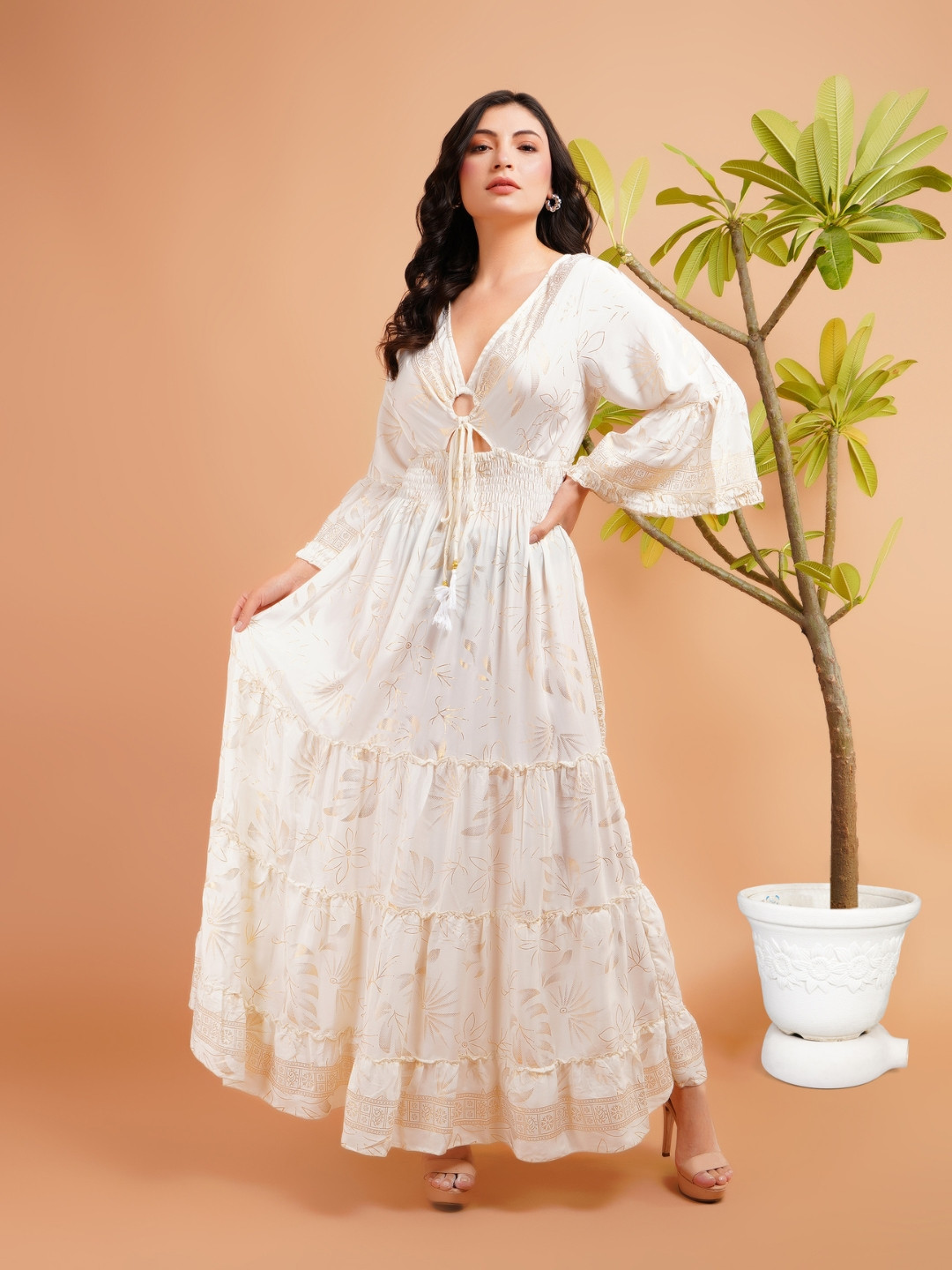 Boholyfe Women Ivory Radiance Boho Fit and Flare Cut-Outs Maxi Dress