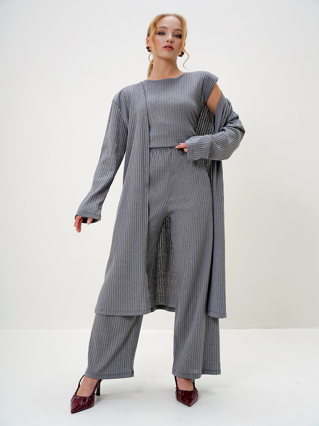 Trend Alacati stili Ribbed Round Neck Top With Trouser & Coat Co-Ords