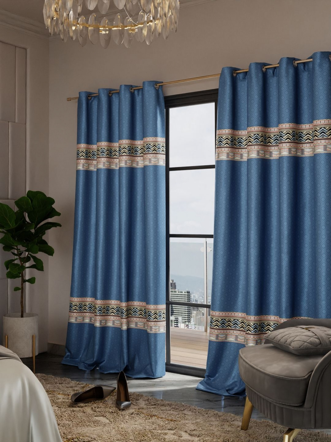 Stoa Paris Versailles Navy Blue & Cream-Coloured Set of 2 Geometric Door Curtains