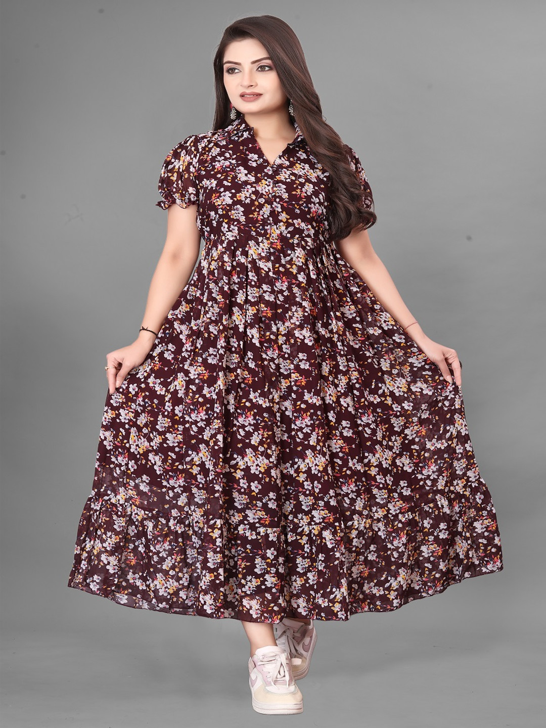 KRISHTI CREATION Floral Print Puff Sleeve Georgette Fit & Flare Maxi Dress