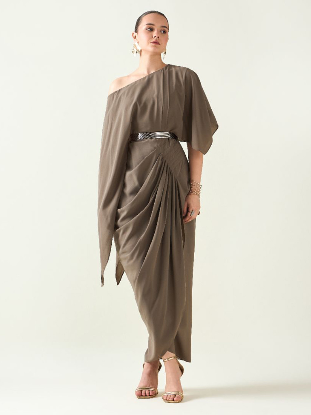 AAKAAR Flared Sleeve Crepe Maxi Dress