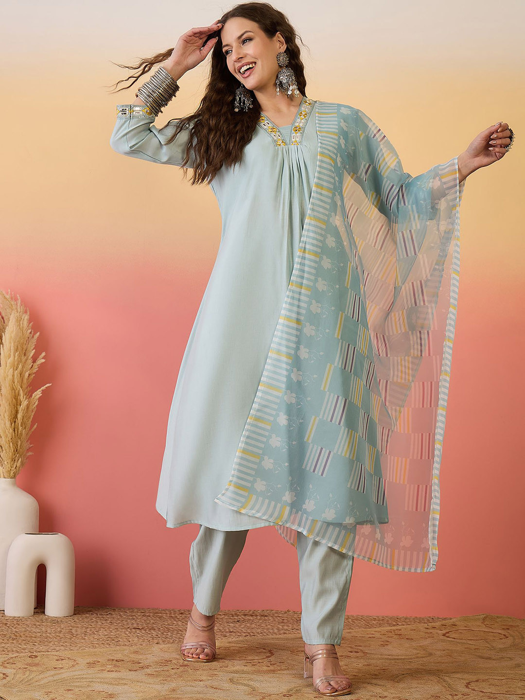 Sangria Self Design A-Line Kurta Set With Dupatta