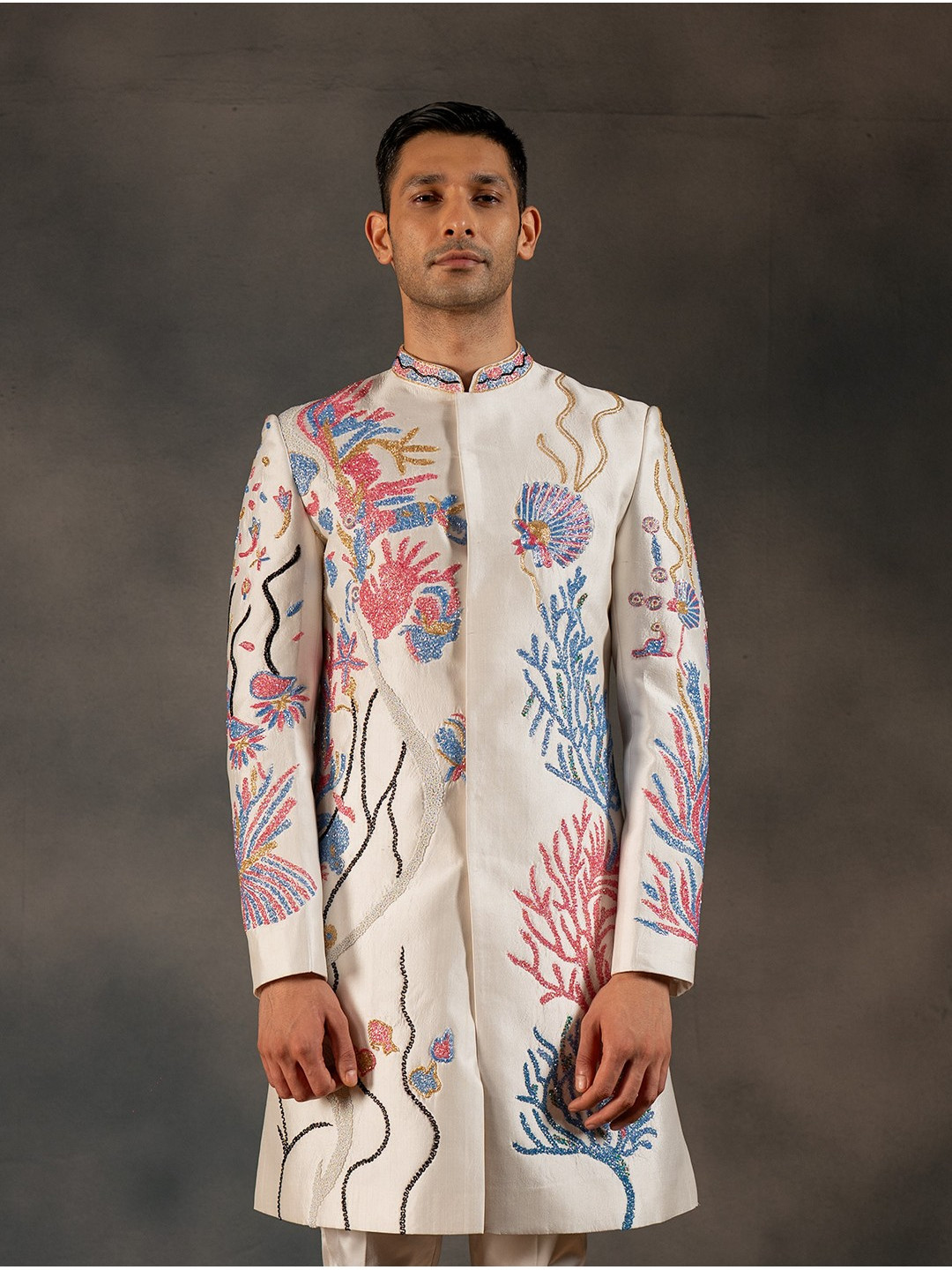 HILO DESIGN Embroidered Aqua Marine Sherwani Set