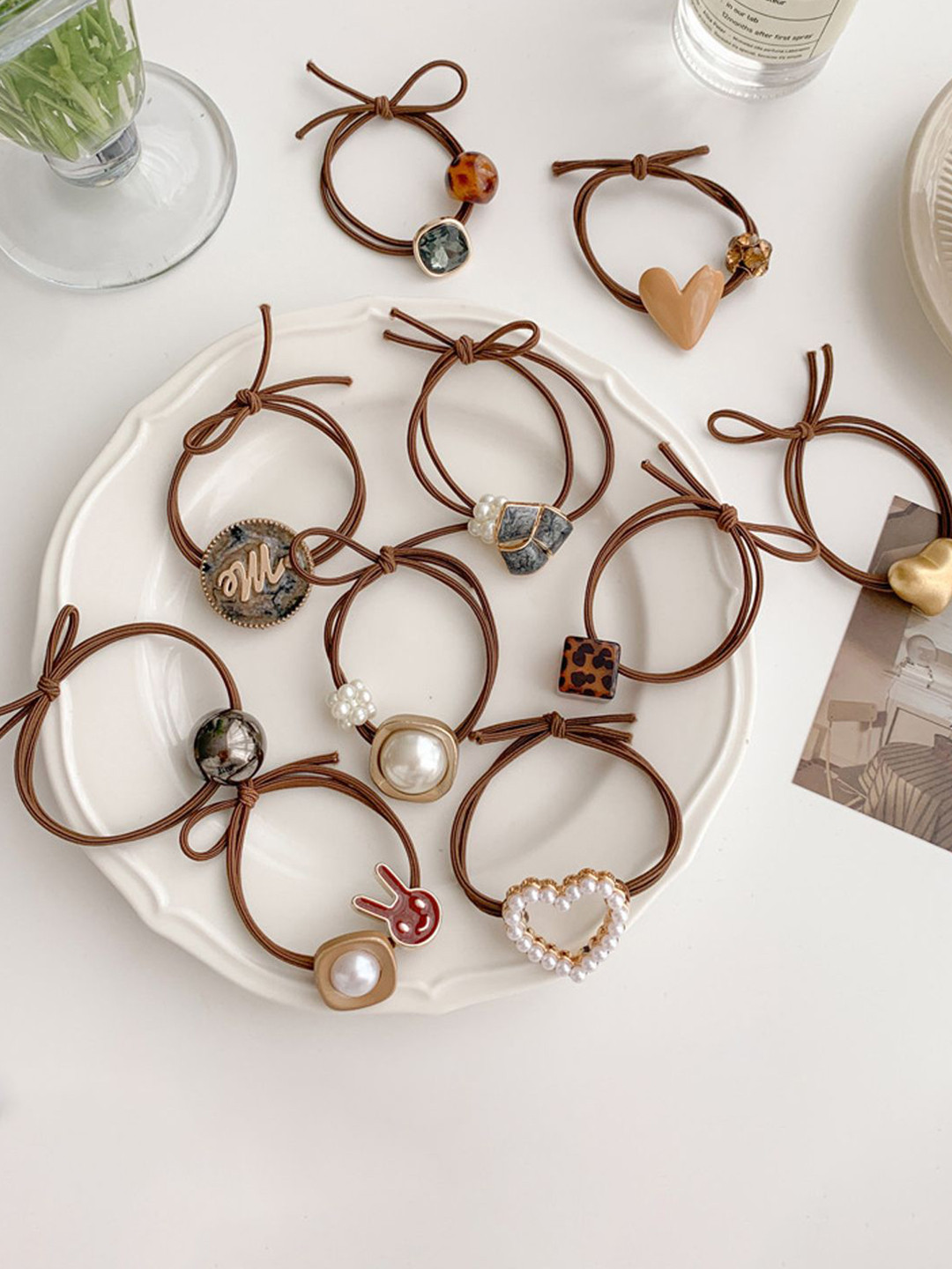 LYKAA Set of 10 Brown Korean Rubber Bands with Knots in Multiple Designs Hair