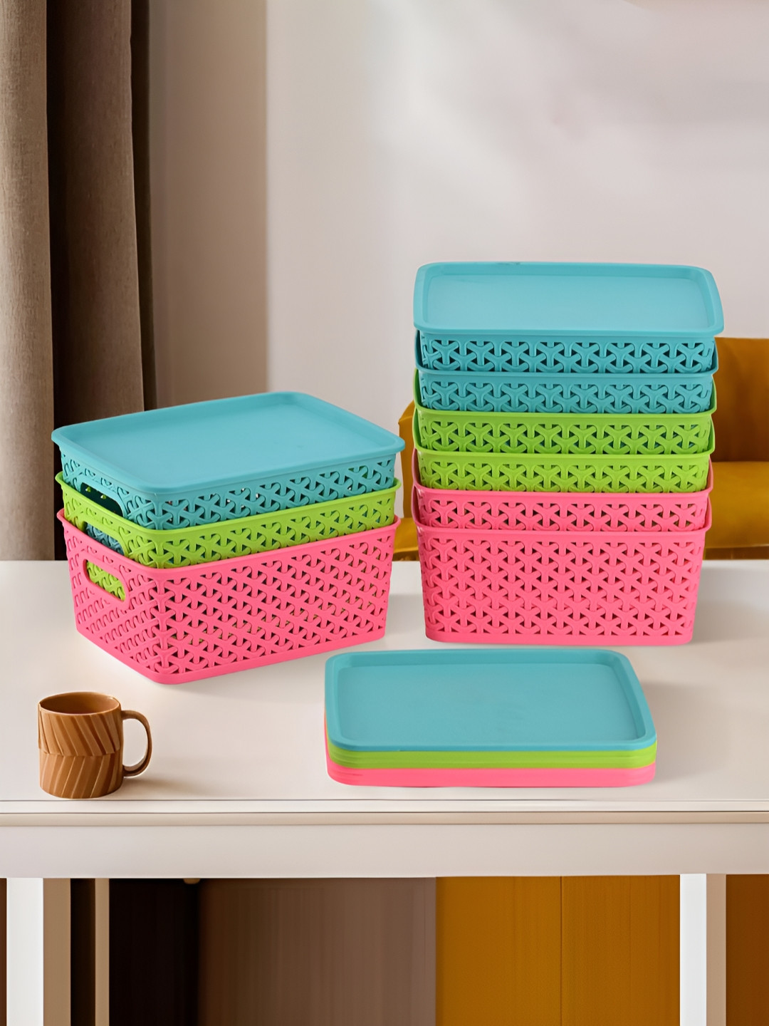 Aura Blue Set of 9 Regular Multipurpose Home Storage Tote Basket with Lid Organisers