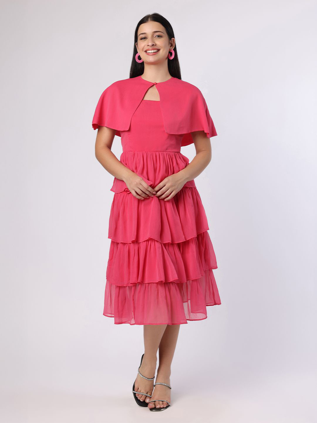 BLANC9 Women Fuchsia Pink Tiered Dress With Cape