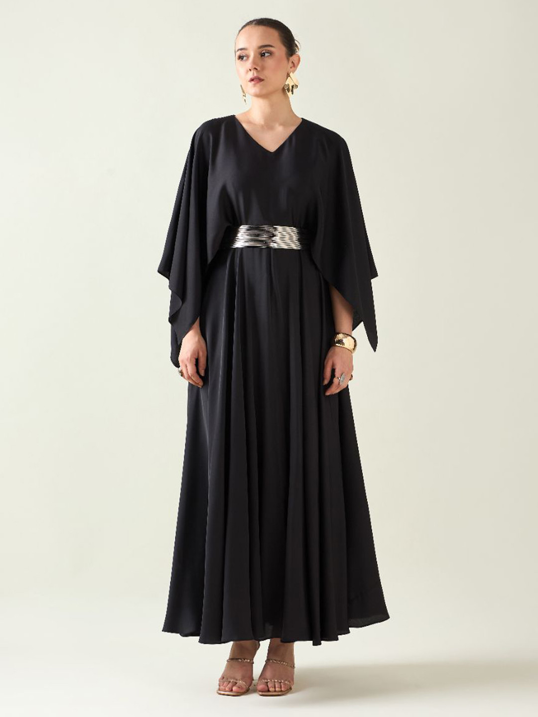 AAKAAR Flared Sleeve Crepe Maxi Dress