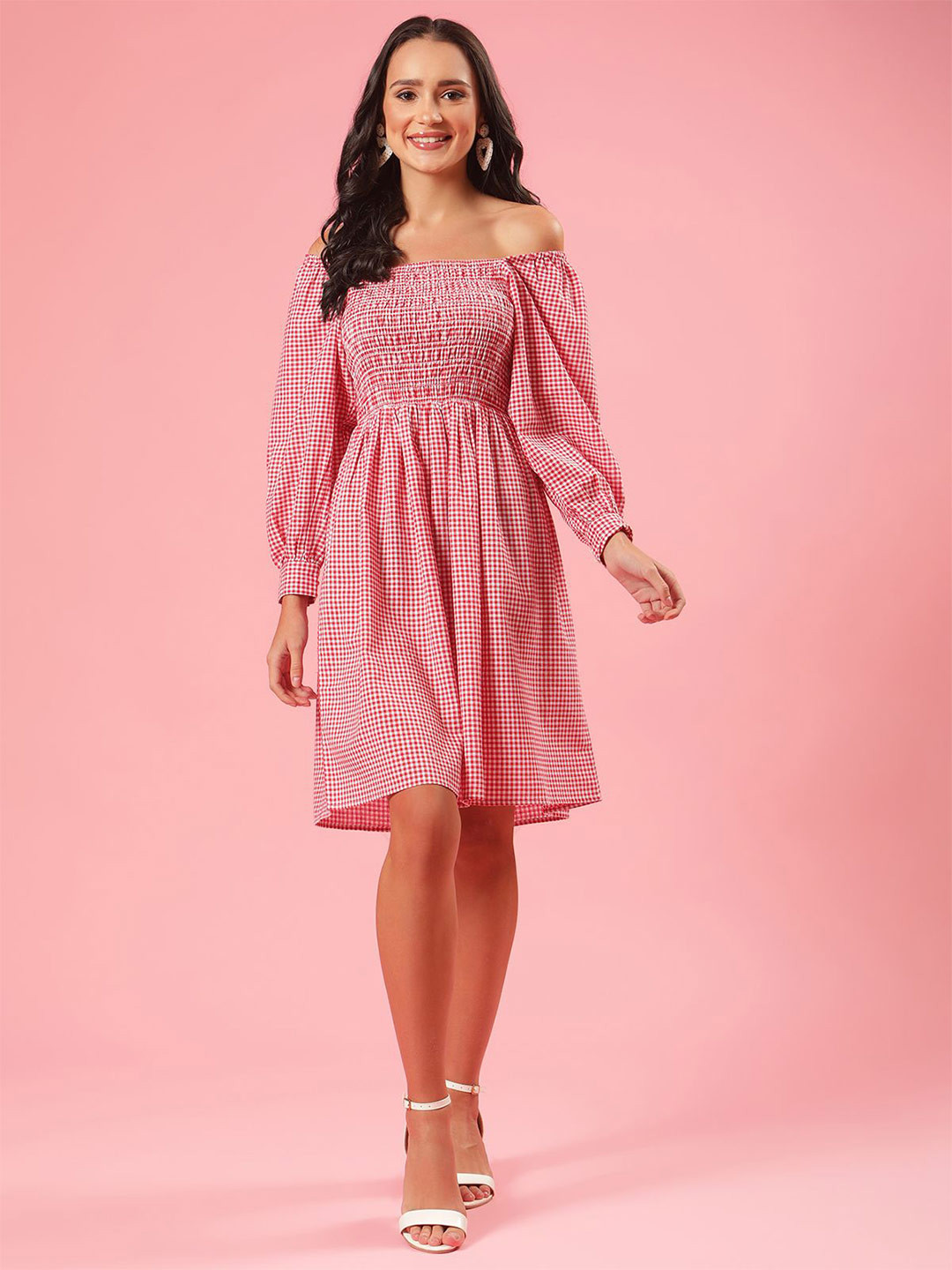 Shades of Sabi Pink Micro Check Square Neck Fit & Flare Mini Dress