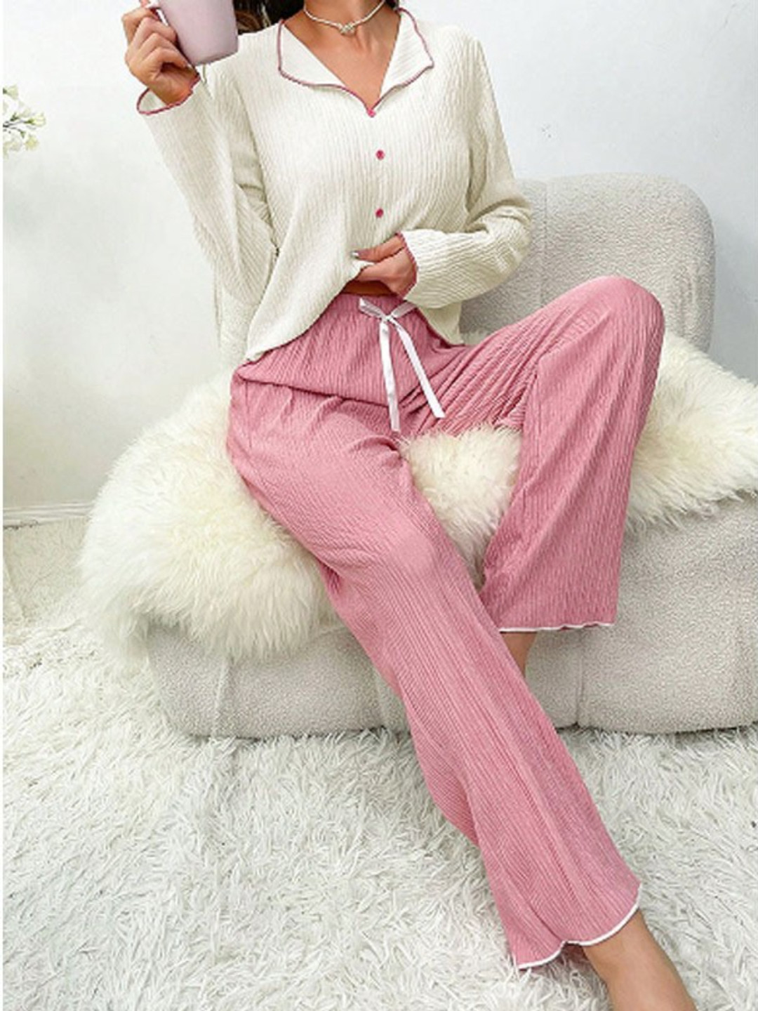 Contrast Contrast Button-Up Top and Lounge Pants Pajama Set