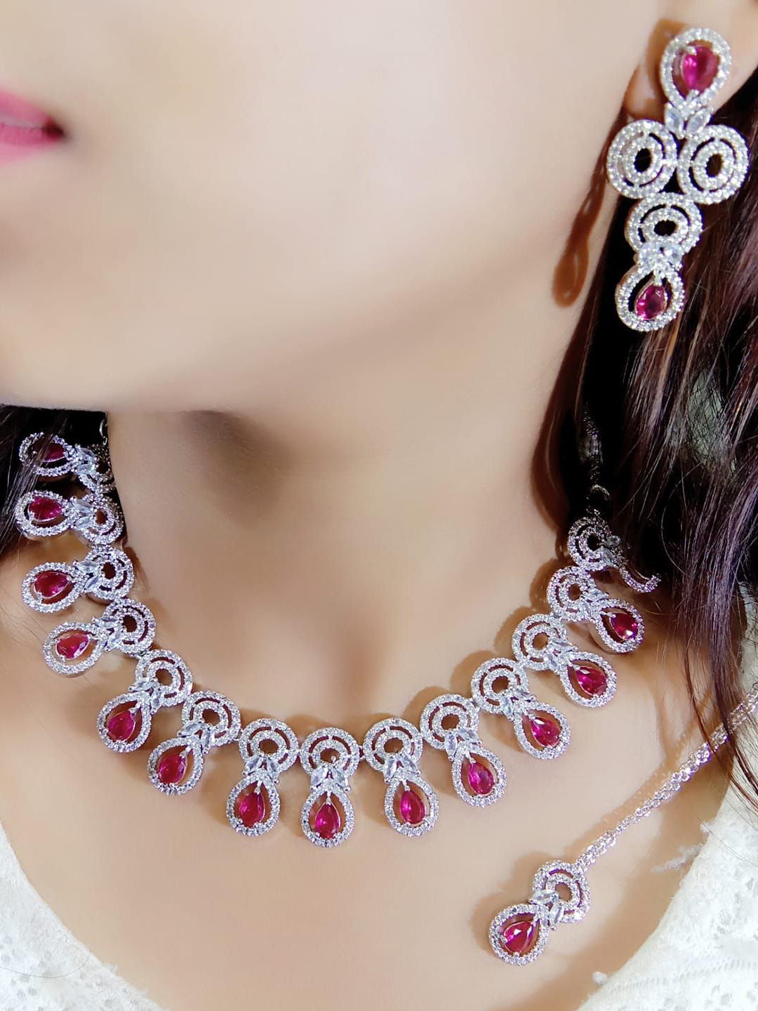 Ladymania Silver-Plated American Diamond Necklace Set With Maang Tikka