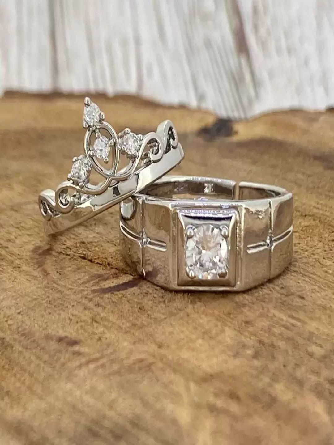 J.S ENTERPRISES Set Of 2 Silver-Plated Cubic Zirconia Stone Studded Adjustable Finger Ring