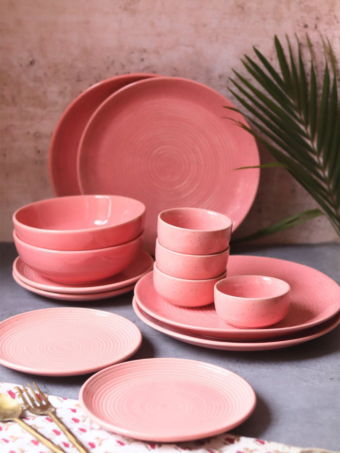 WEAVING HOMES Rosy Pink 14 Pieces Printed Ceramic Glossy Dinner Set-120 ml Each