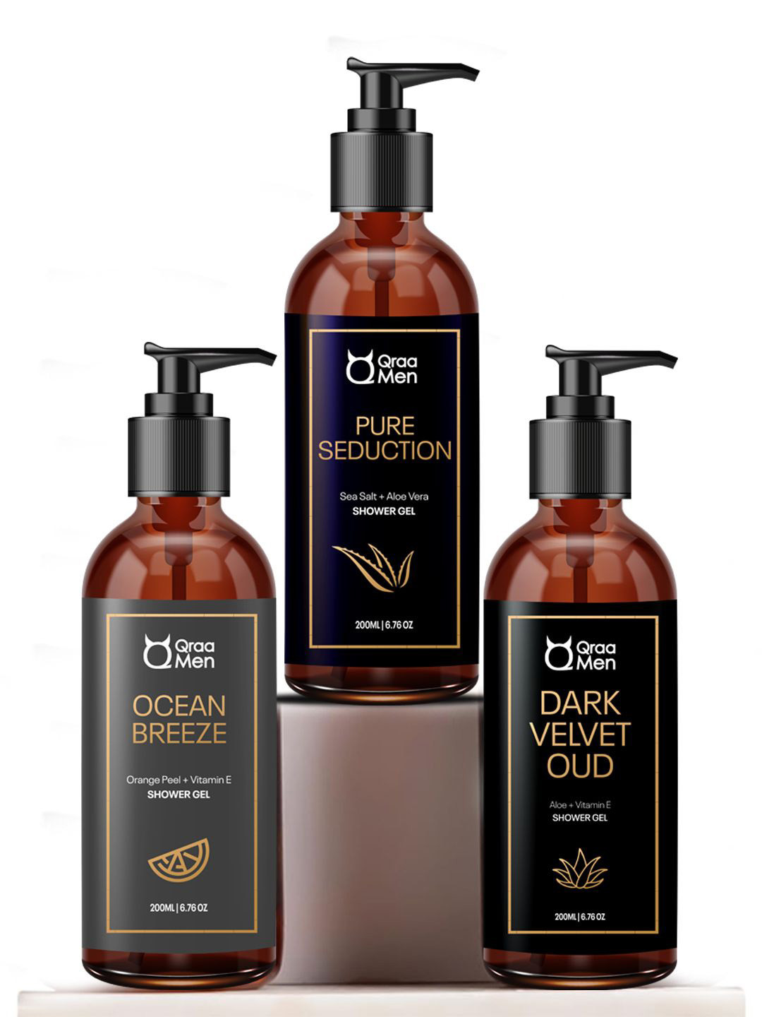Qraa Set Of 3 Dark Velvet Oudh Pure Seduction & Oceanbreeze Toast Shower Gel -200ml Each