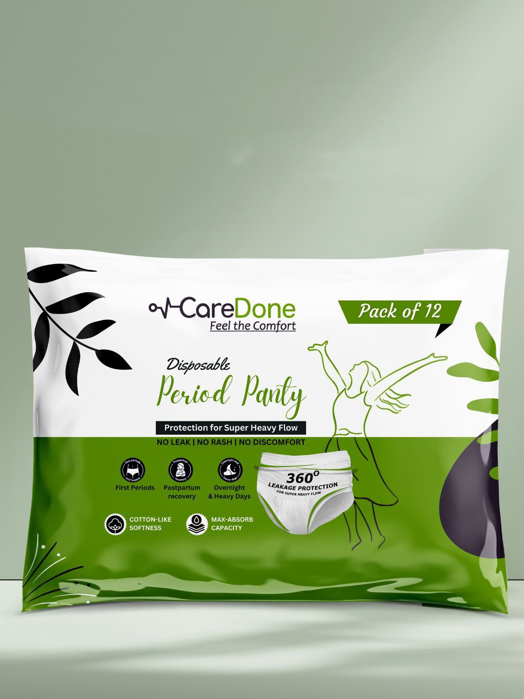 CareDone Disposable Leak Proof Overnight Protection Cotton Period Panty - M - 12 Pads