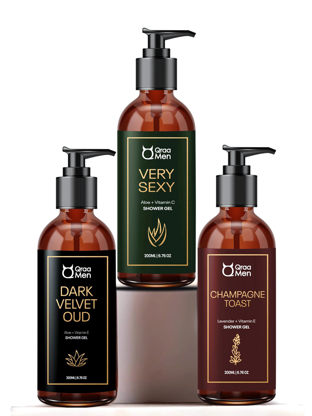 Qraa Set Of 3 Dark Velvet Oudh Champagne Toast & Very Sexy Shower Gel - 200ml Each