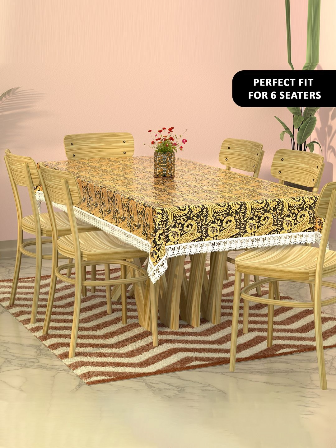 Aura Black Combo Set of 2 Floral Plastic 6-Seater Dining Table Cover & Center Table Cover