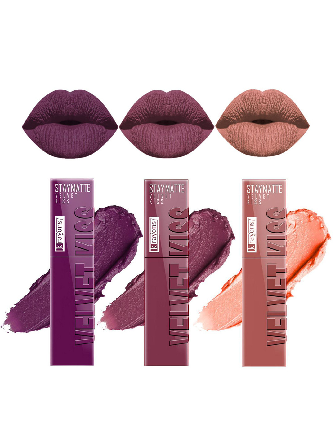 krayons StayMatte Velvet Kiss Set Of 3 Liquid Lipstick-Dusty Mauve-Burgundy-Sheer Nude