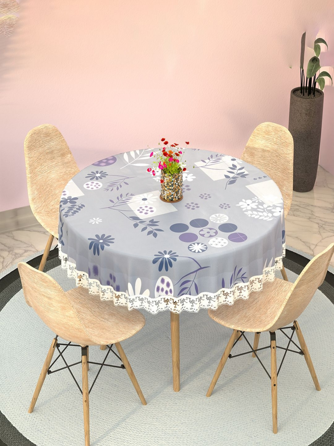 Aura Grey Floral Plastic Waterproof Round 4 Seater Dining Table Cover for Living Room