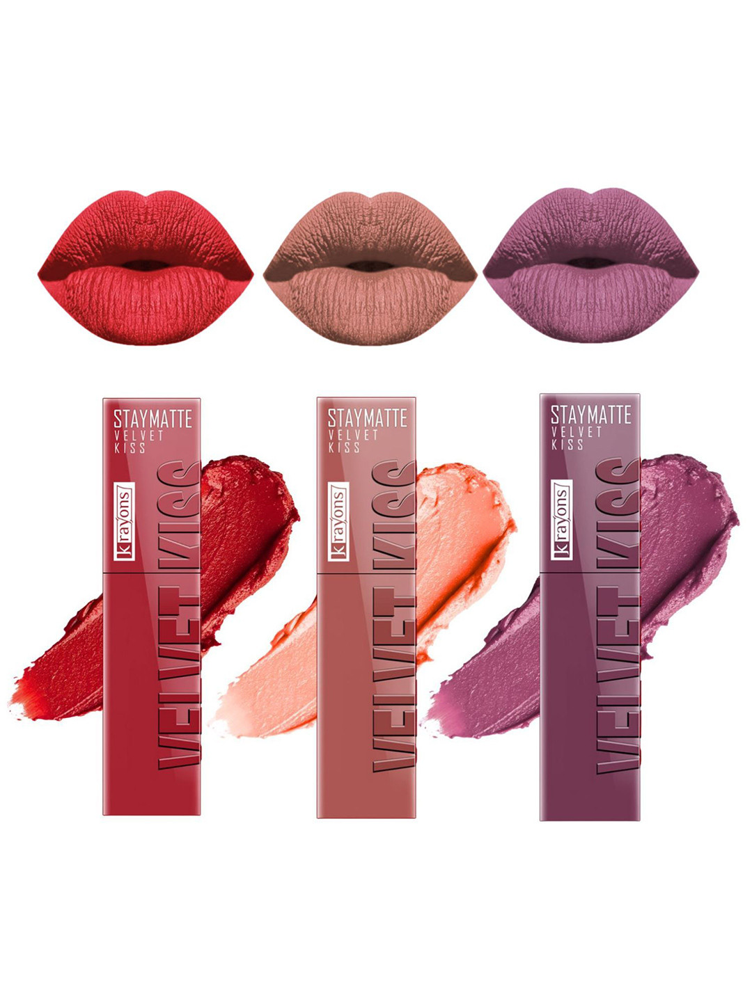 krayons StayMatte Velvet Kiss Set Of 3 Liquid Lipstick-Sheer Nude-Orchid Love-Scarlet Red