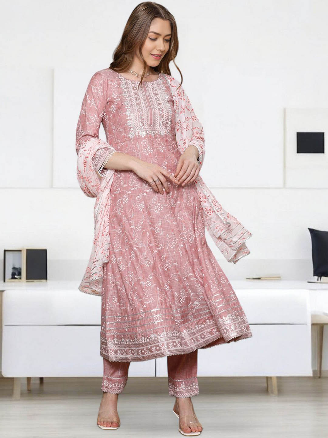 Jeff co-op Women Floral Printed Panelled Thread Work Kurta with Trousers & With Dupatta
