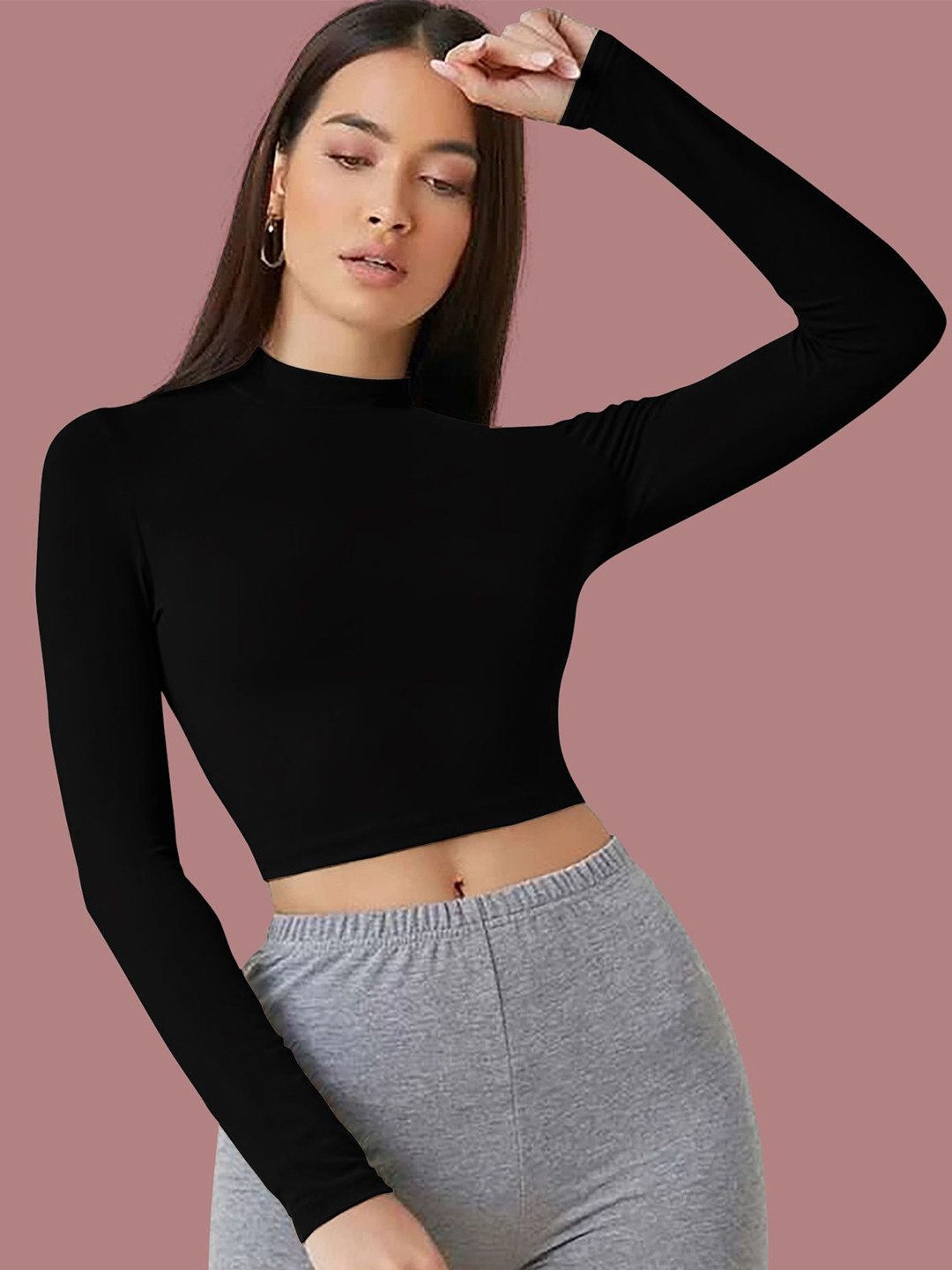 Dream Beauty Fashion top-53-tally-black Women Solid High Neck Long Sleeves Top