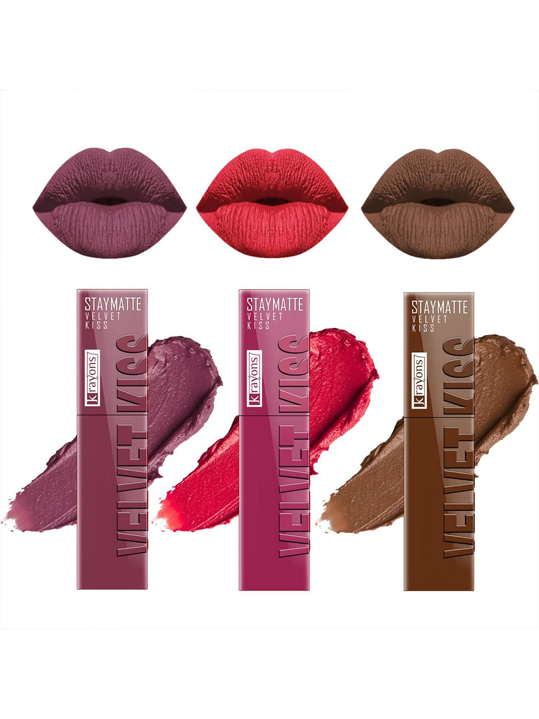 krayons Velvet Kiss Set Of 3 Lipstick - 3.5 ml Each Dusty Mauve Peach Pink Caramel Candy