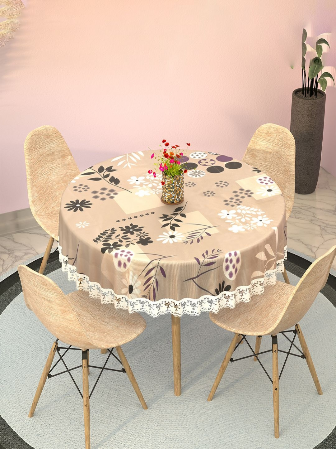 Aura Brown Floral Plastic Waterproof Round 4 Seater Dining Table Cover