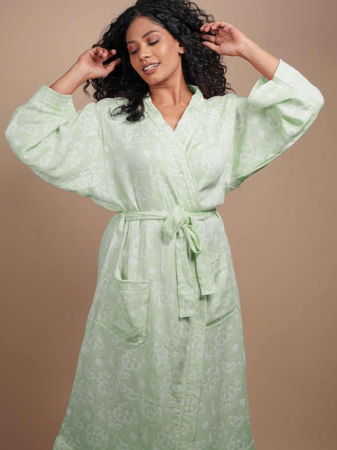 Doctor Towels Banana Jacquard Green Floral Cotton Tie-Ups Midi Bath Robe