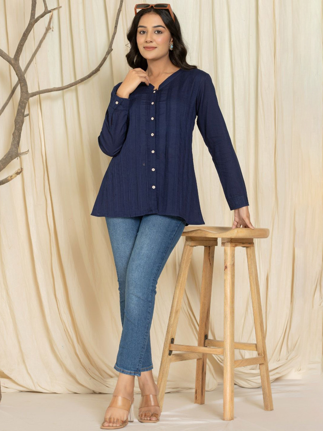 VEDANA Mandarin Collar Cotton Shirt Style Top