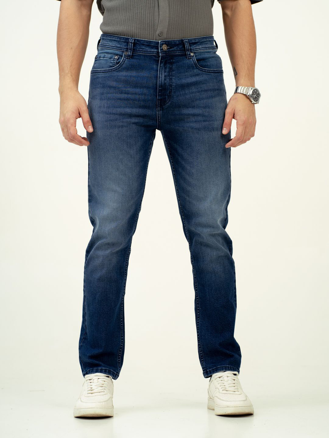 The Pant Project Men Faded Blue Whiskered Slim Fit Stretchable Cotton Jeans