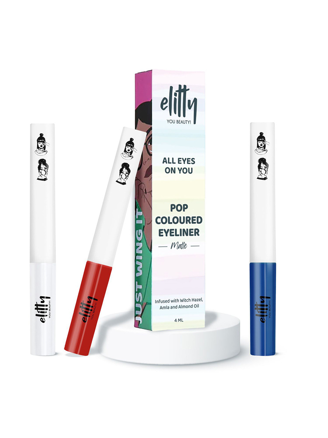 Elitty Set Of 3 Long Lasting & Smudge Proof Eyeliner- 4 ml Each- Red & White- Dark Blue