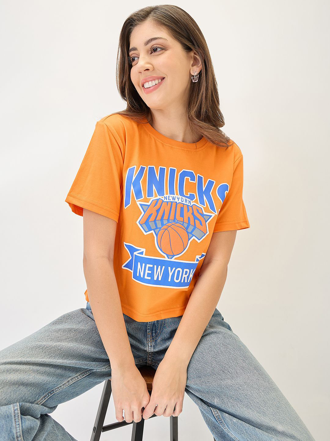 Globus Typography Printed Round Neck Cotton Oversized Trendy Crop T-Shirt