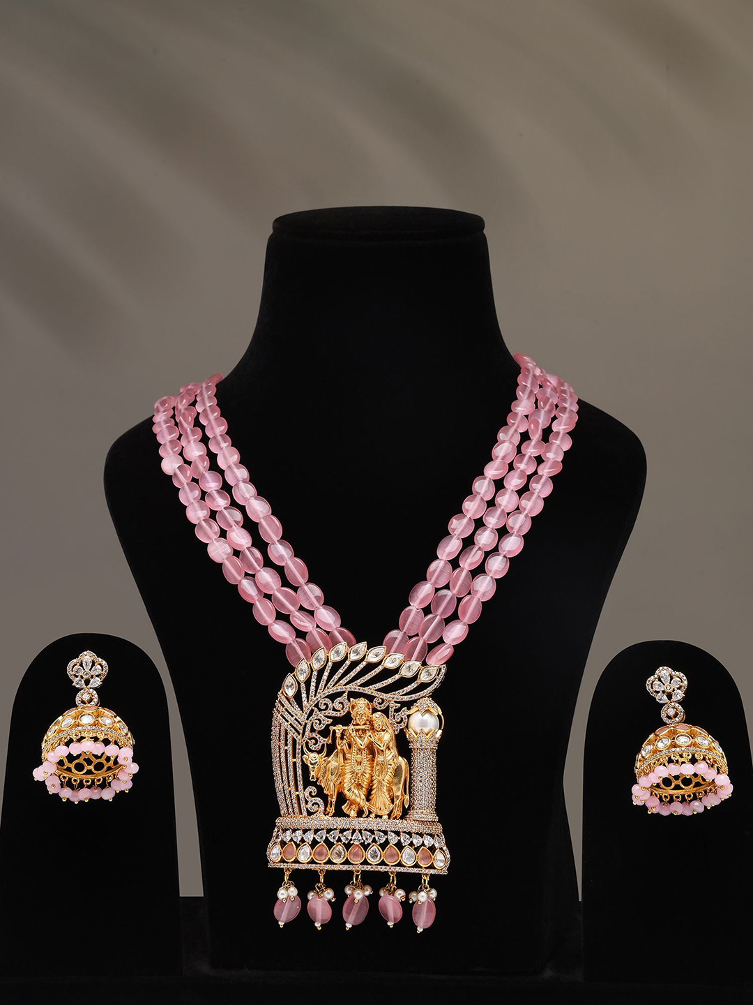 Exotic India Kundan Stone Studded Radha Krishna Multi Strand Long Necklace With Earrings