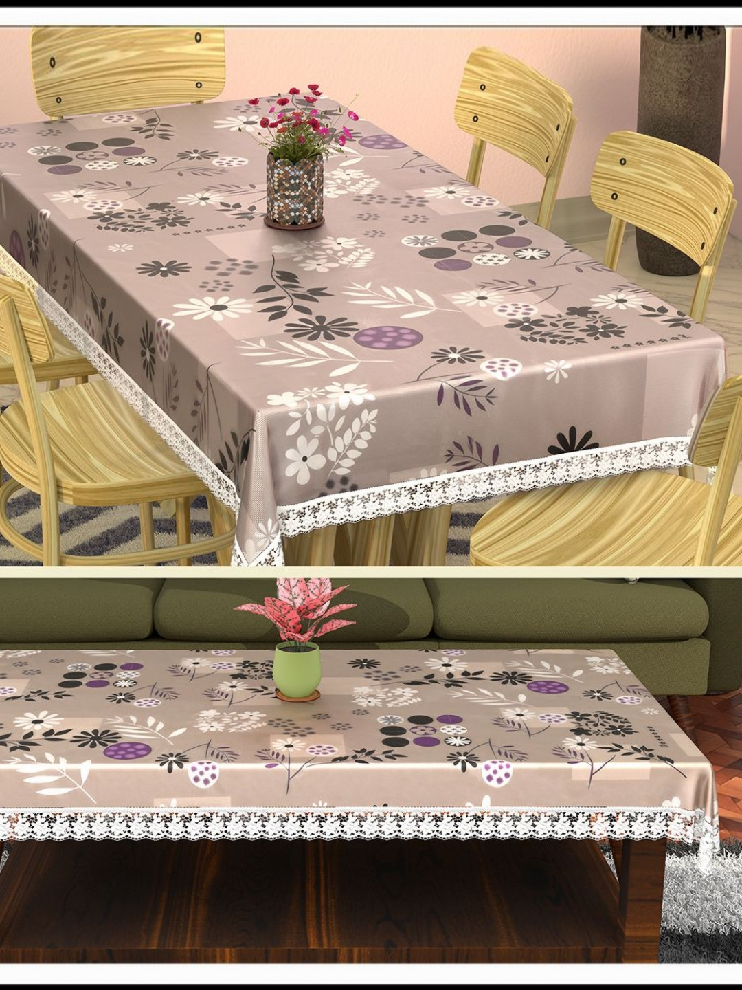 Aura Brown Set of 2 Floral Plastic 6 Seater Dining Table Cover & 4 Center Table Cover
