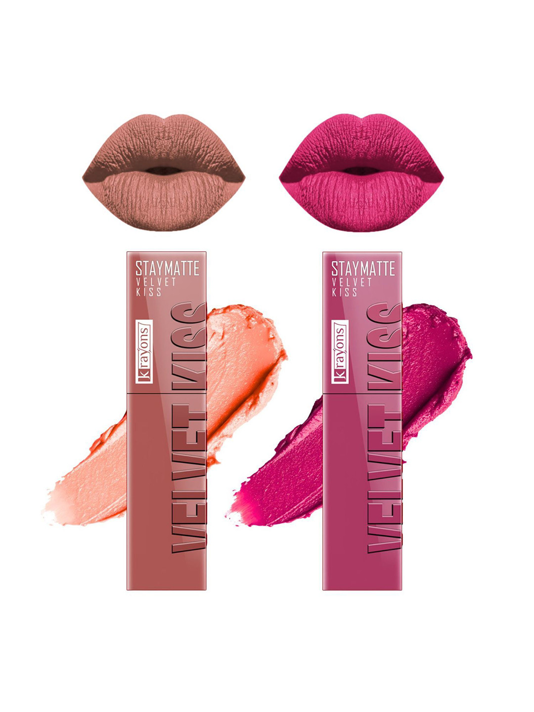 krayons Velvet Kiss Set Of 2 Liquid Lipstick - 3.5 ml Each Sheer Nude 05 Pink Punch 10