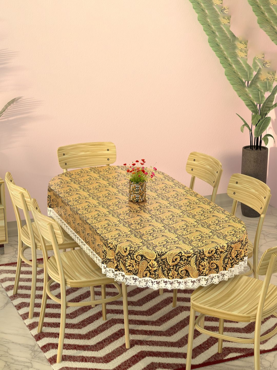 Aura Black Floral Plastic Oval Waterproof 6 Seater Dinner Dining Table Cover