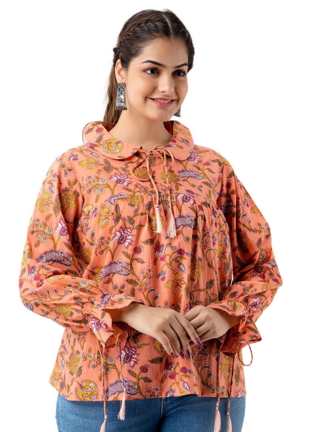 DMP FASHION Floral Print Tie-Up Neck Kimono Sleeve Cotton Top