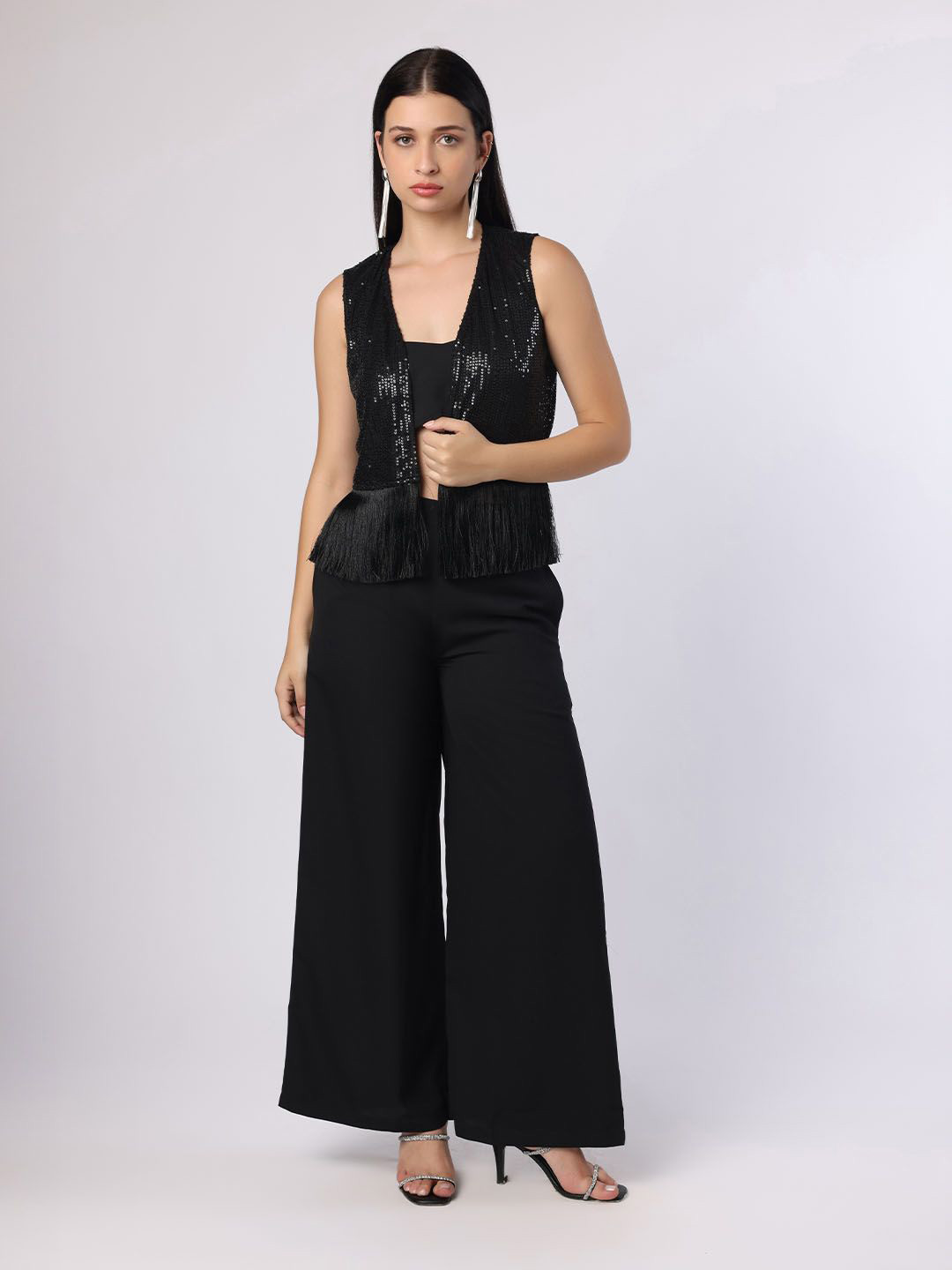 BLANC9 Black Party 3Pc Set With Sequinned Shrug Cami And Trousers
