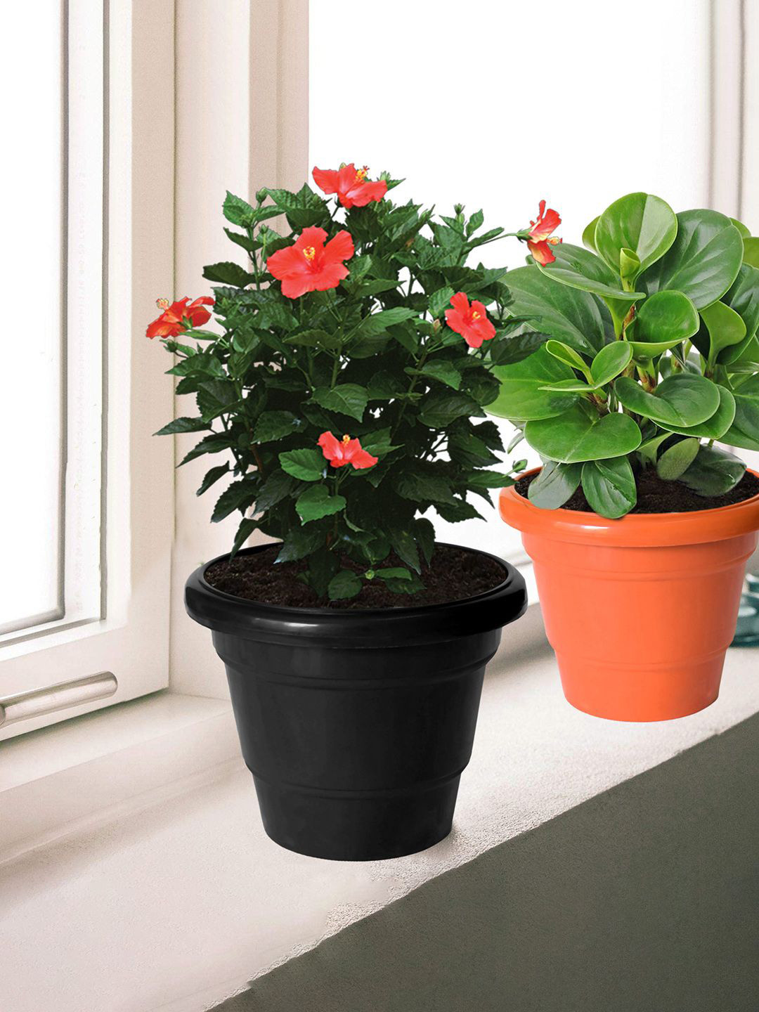 Kuber Industries 3-Pcs Red & Black 2 Layered Plastic Flower Pot Gamla for Home Decor