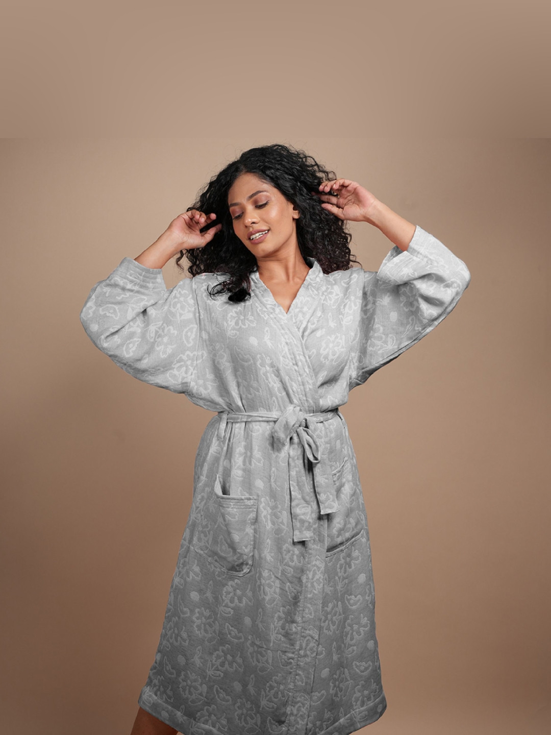 Doctor Towels Banana Jacquard Charcoal Floral Cotton Drawstring Knee Length Bath Robe