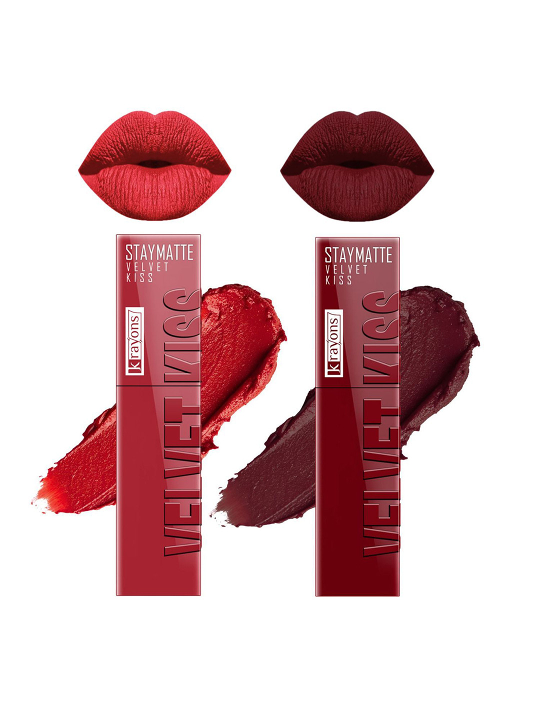 krayons Set Of 2 StayMatte Velvet Kiss Liquid Lipstick - Wow Maroon 09 - Scarlet Red 01
