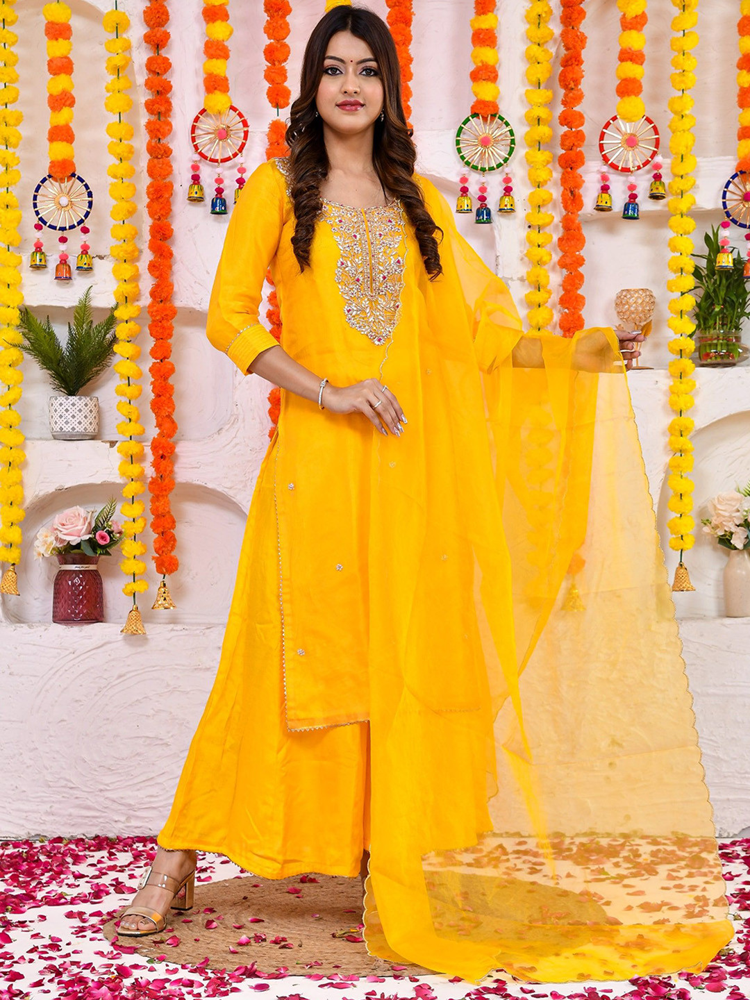 DRESENCE Women Regular Sequinned Pure Silk Kurta with Sharara & With Dupatta