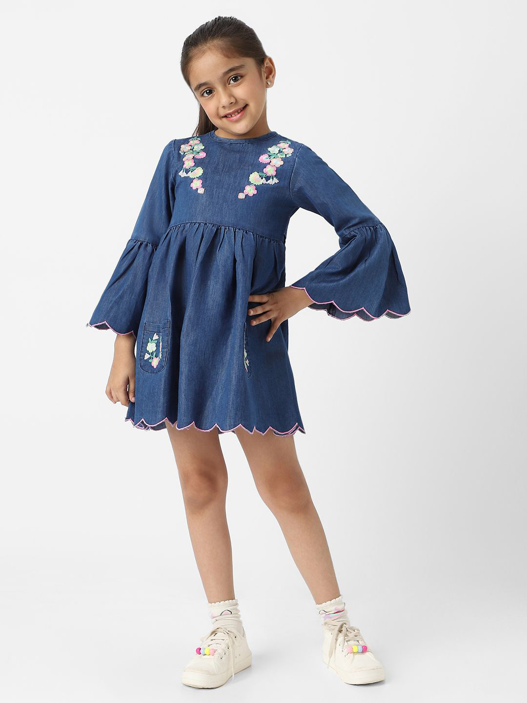 Nauti Nati Floral Embroidered Bell Sleeve Denim A-Line Dress