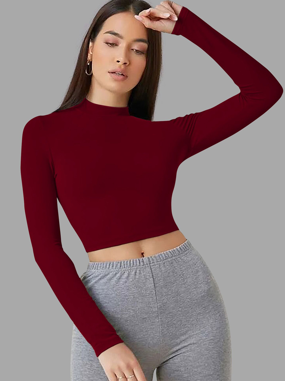 Dream Beauty Fashion top-51-tally-maroon Women Solid High Neck Full Sleeve Top