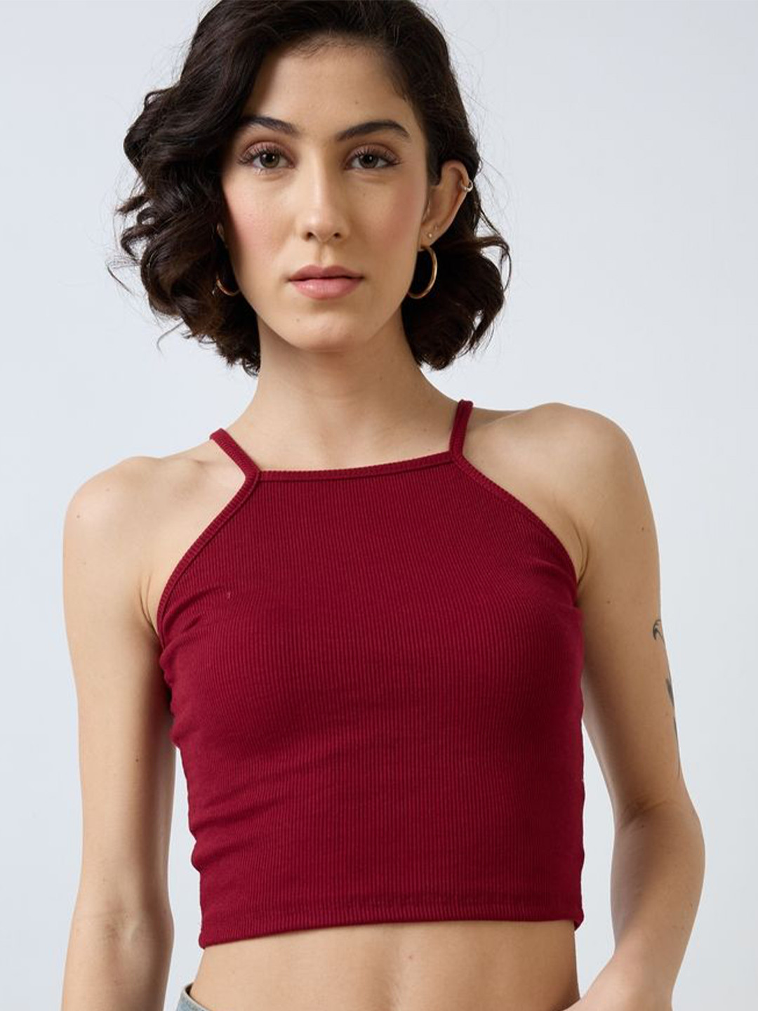 Maroon Halter Neck Crop Top - Casual Wear