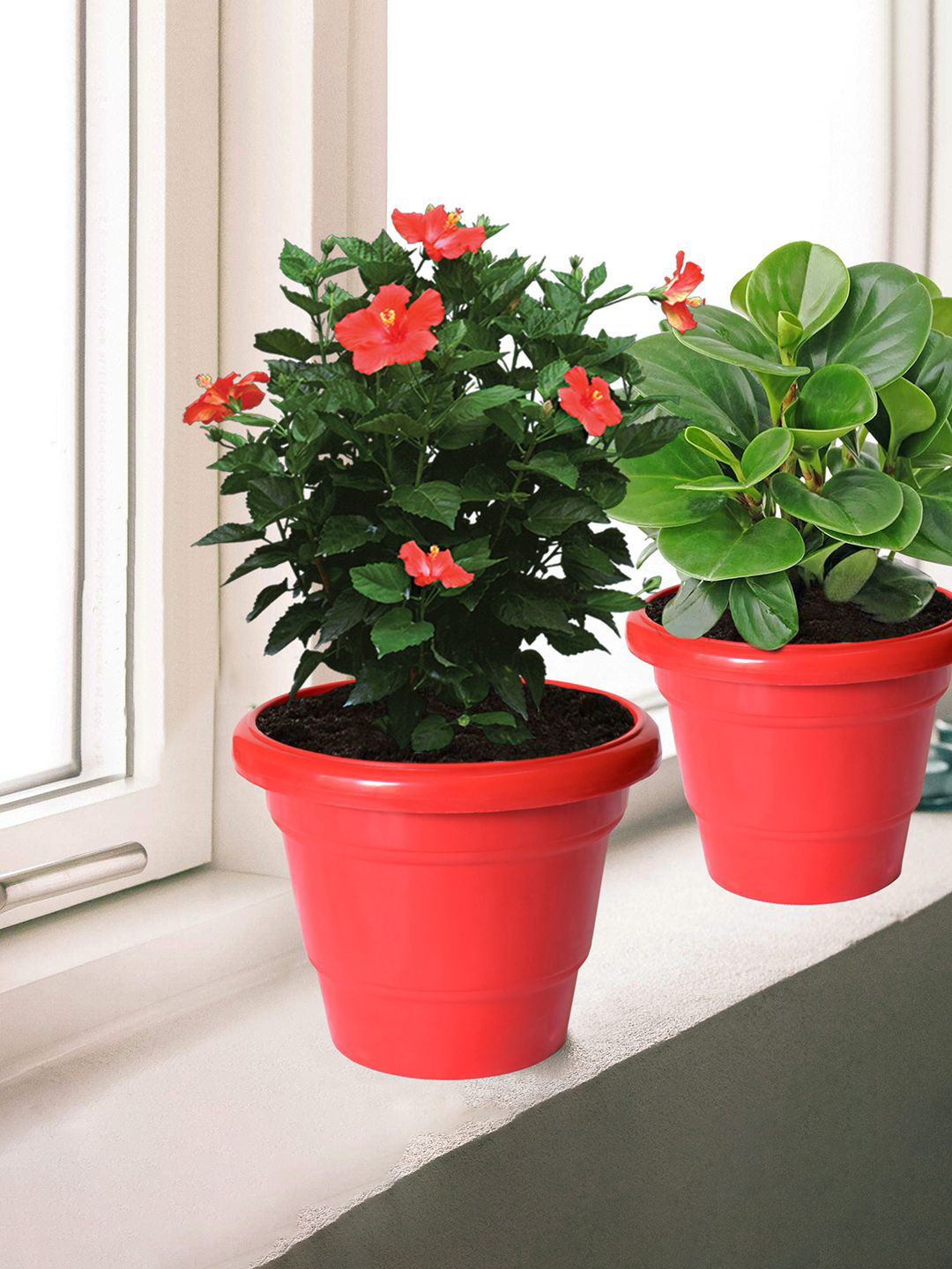Kuber Industries 3-Pcs Red 2 Layered Plastic Flower Pot Gamla Drain Holes for Home Decor
