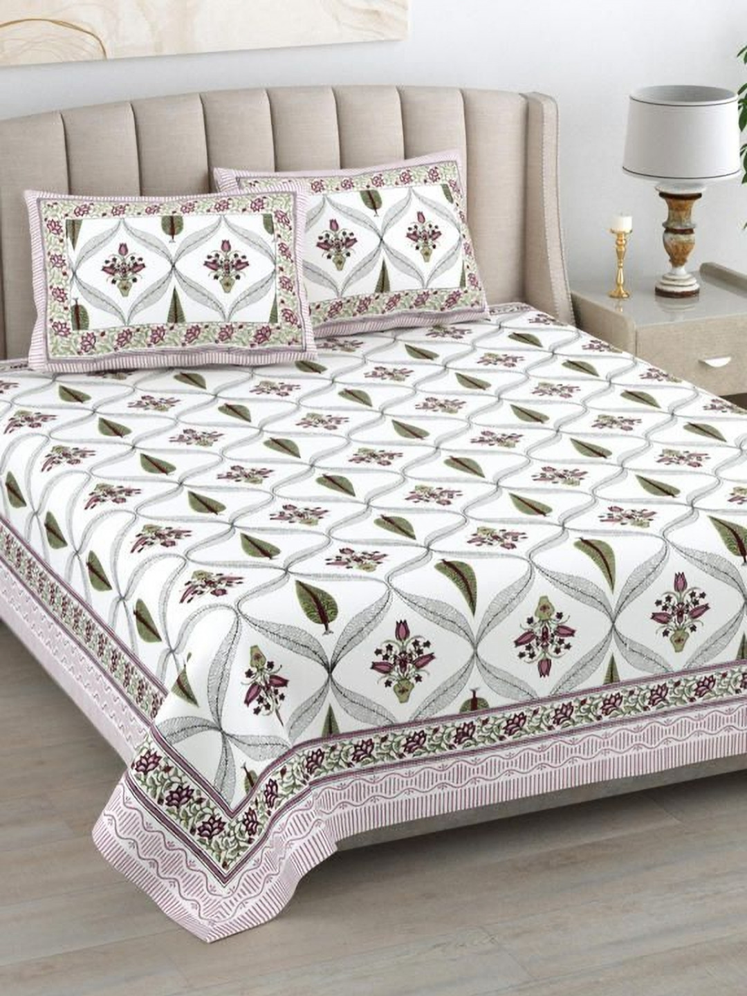 Urban Jaipur Jaipuri Purple Leaf Cotton 220 TC King Superfine Bedsheet with 2 Pillow Covers-241.3 x 274.32 cm