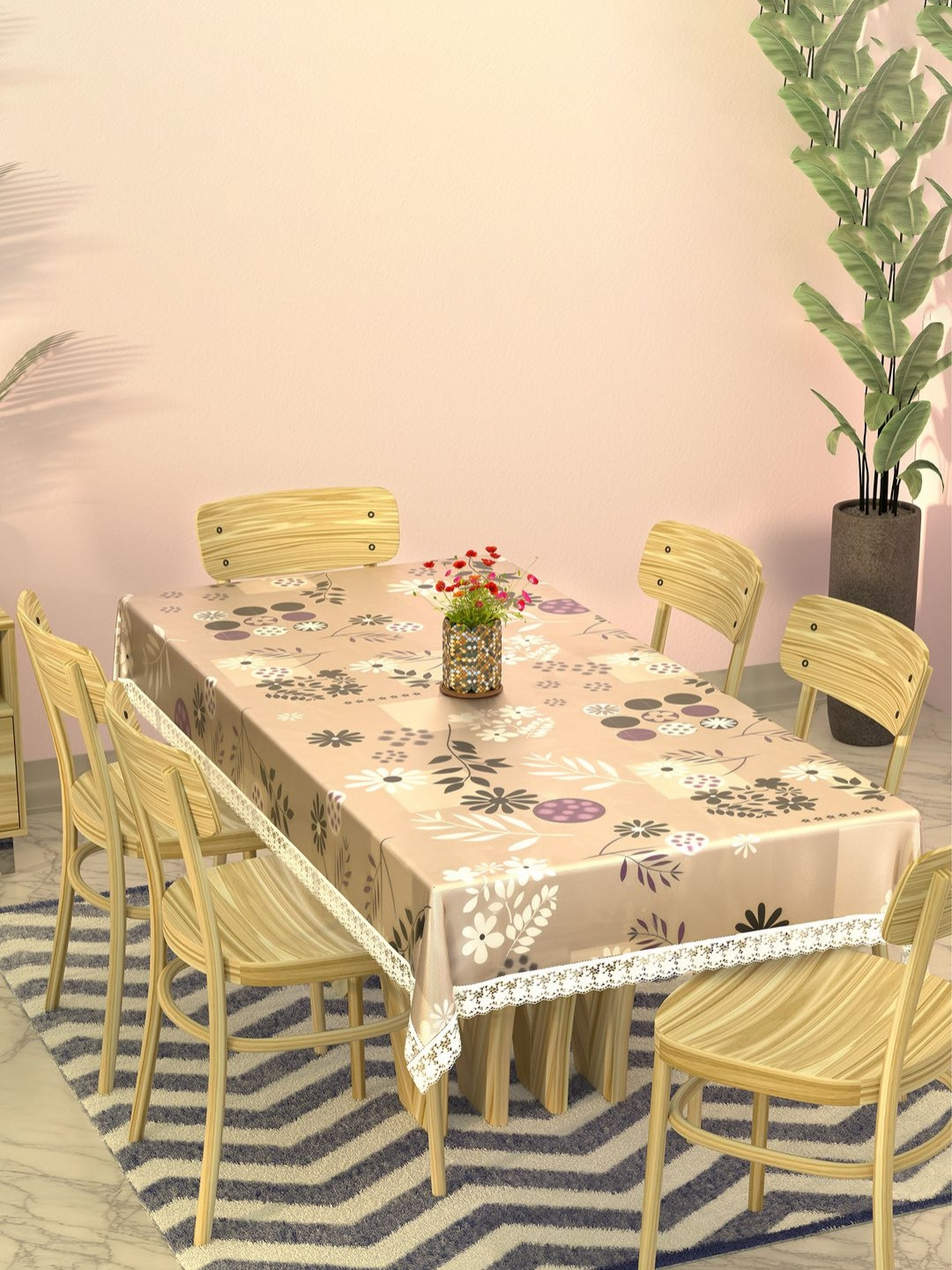 Aura Brown Floral Plastic Waterproof Rectangular 6 Seater Dinner Dining Table Cover